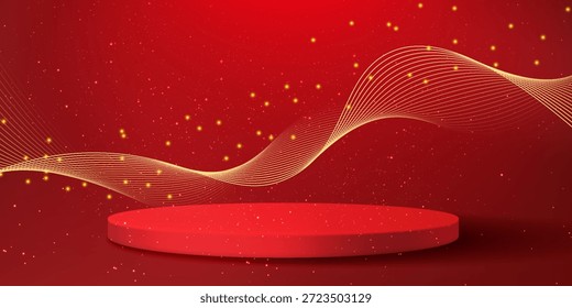 Pódio vermelho com elegantes linhas de onda de ouro no verso para exibição de anúncios. Exposição de produtos cosméticos. Palco ou pódio. ilustração vetorial	