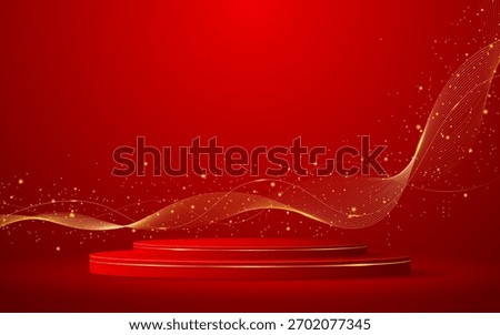 Red podium with elegant gold wave lines on the back for advertisement display. Display of cosmetic products. Stage or podium. vector illustration	