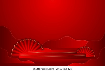 Red podium with red fan with elegant gold lines on the back for product presentation. Chinese New Year concept. Stage or podium. Vector illustration	