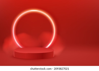 Red podium with glowing round frame. Glowing lighting and smoke loops. Mock up scene of vector geometry shape platform