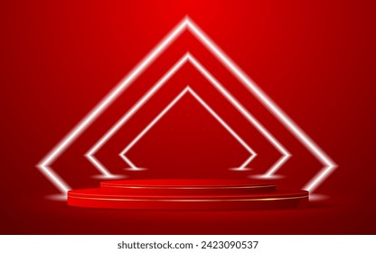 Red podium with a glowing white square line on the back for product presentation. Display of cosmetic products. Stage or podium. vector illustration	