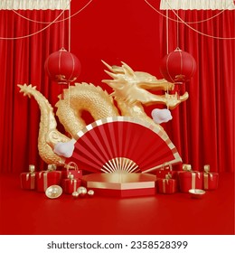 Red podium with gold dragon chinese new year and gift box product stand podium background pedestal 3D rendering