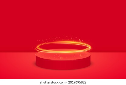 red podium and gold ring in the red room