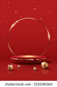 Red Podium with Golden Ring Frame and Pearls on Red Background with Snow. Christmas Sale Template. Vertical Banner. Vector Illustration.