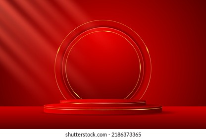 Red podium has a circular shape and gold lines on the back for product presentation. Cosmetic product display. vector illustration	