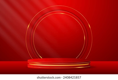Red podium has a red round shape and elegant gold lines on the back for advertisement display. Cosmetic product display. Stage or podium. vector illustration	