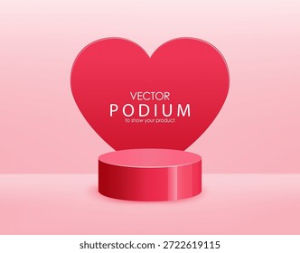 Rotes Podium mit Herz auf Hintergrund im minimalistischen Stil. Für Valentinstag-Aktionen, romantische Banner, Produktpräsentationen, Liebeswerbung, Social-Media-Beiträge, E-Commerce.