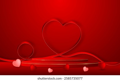 Red podium with red heart ribbon on the back, valentines day concept for product presentation. Display of cosmetic products. stage or podium. vector illustration		