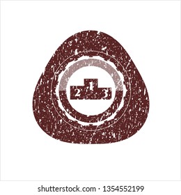 Red podium icon inside distressed rubber seal with grunge texture