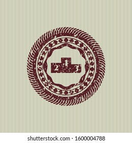 Red podium icon inside distressed rubber grunge texture stamp