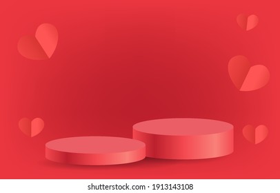 Red podium illustration vector concept love or valentine. Decorate with hearts. Design for background, web, app, banner, template, promotion. Empty cylinder podium for product. 
