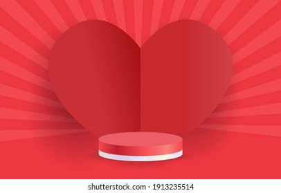 Rotes Podium Illustration Vektorkonzept Liebe oder Valentin. Mit Herzen dekorieren. Design für Hintergrund, Web, App, Banner, Vorlage, Promotion. Leeres Zylinderlaufbuchsen für das Produkt. 