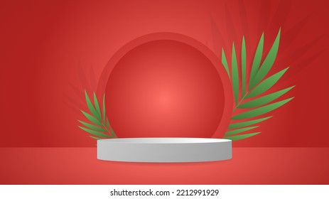 Red Podium minimal background with palm leaf , 3D stage podium display product , stand to show cosmetic products ,illustration 3d Vector EPS 10