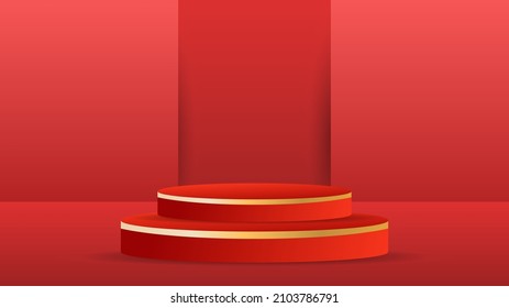 Red Podium estilo mínimo sobre fondo rojo , 3D producto de visualización de podio estadio , stand para mostrar productos cosméticos ,ilustración 3d Vector EPS 10