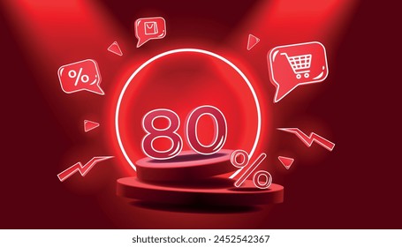 Red podium with neon elements and 80 percent discount