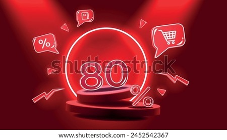 Red podium with neon elements and 80 percent discount