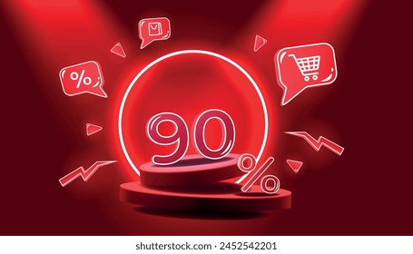 Red podium with neon elements and 90 percent discount