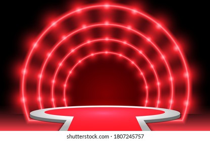red podium and red neon light on the studio room
