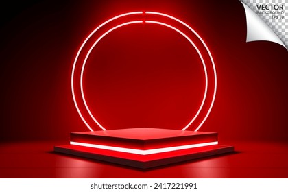 Red podium with neon light ring background scene for digital business technology product