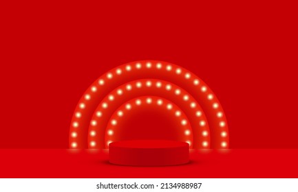 red podium with neon light in the red room
