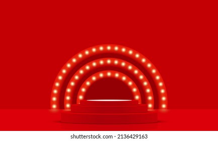 red podium with neon light in the red room