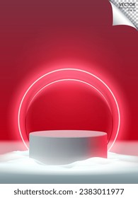 Red podium with neon two rings on snow, Red studio background, Merry christmas and a happy new year. Vertical layout .Vector illustration