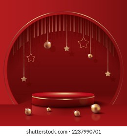 Red Podium on Red Background with Circle Frame and Golden Garland. Christmas Sale Template. Square Holiday Banner. Vector Illustration.