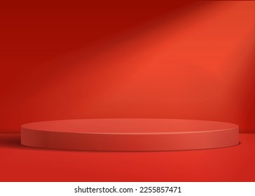 Podio rojo sobre fondo rojo con ilustraciones vectoriales 3D realistas en foco. Para mostrar productos cosméticos.