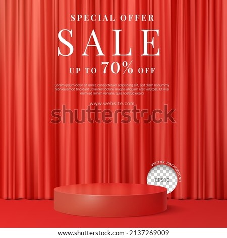 Red podium on curtain background. Concept of design for product display. Layout square, Vector illustration