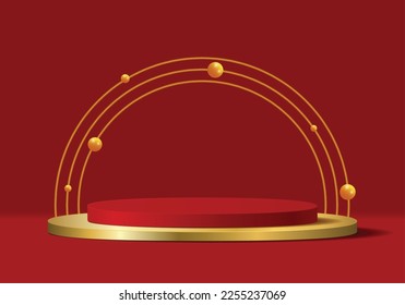 Red podium on room background red gradient color display advertising display with blank backdrop.