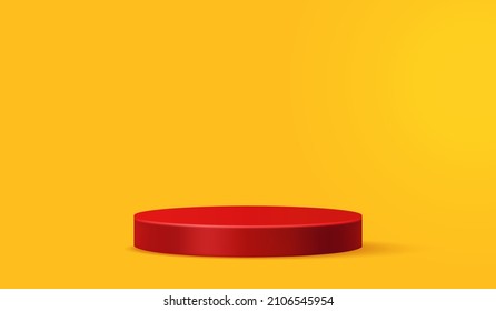 Red podium pedestal advertising for product display on blank studio, Cylindrical shape for product presentation