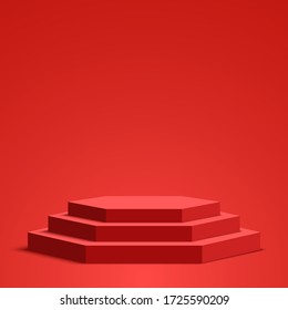 Red podium. Pedestal. Hexagonal scene. Vector illustration.