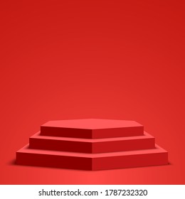 Red podium. Pedestal. Hexagonal scene. Vector illustration.