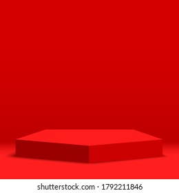 Red podium. Pedestal. Pentagonal scene. Vector illustration.