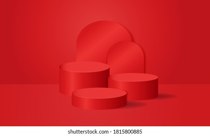 Red podium photo studio room scene. Christmas theme. Award winner, product display. Vector illustration