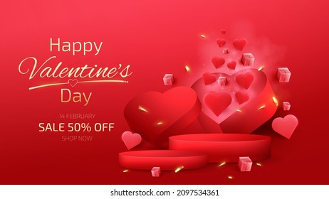 Red podium product display with heart shape elements and gold ribbon. Valentines day background.