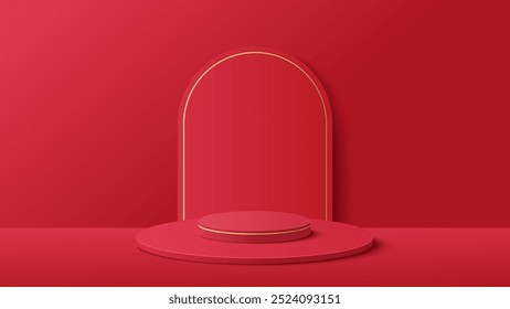 Red podium for product display presentation with round circle shape. Podium platform to show product on red background. Chinese New Year background