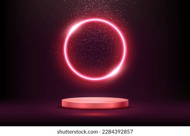 Red podium for product presentation with pink neon circle vector illustration. Abstract empty award platform with neon glowing round frame and rays, glitter confetti sparkle rain falling.