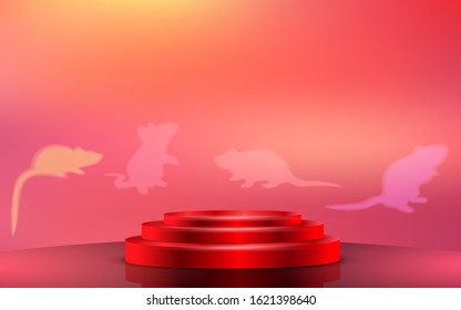 red podium with rats background in the red room