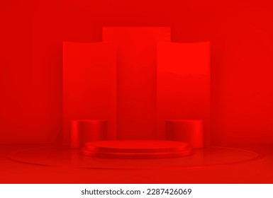 Podio rojo, plataforma 3d realista o burla peatonal para exhibir cosméticos durante la presentación. Antecedentes vectoriales para la promoción de productos de belleza lujosos profesionales o de cuidado de la piel en el escenario de estudio