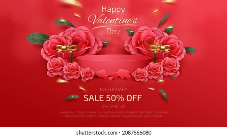 Red podium and realistic rose elements, gift box, golden ribbon, green leaf, Valentine's Day Background, Banner template sale 50% off. 3d luxury style. Vector illustration.