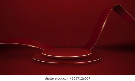 Red podium and red ribbon element. Abstract  background  for presentation.