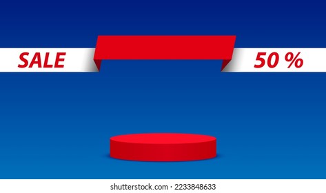 red podium with sale text blackground in the blue room