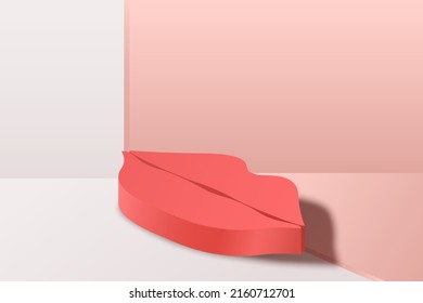 Red podium, shape of lips on pink and white background. Product presentation, mock up, show cosmetic product, stage pedestal or platform