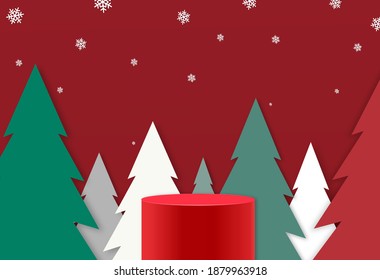 Red podium or  showcase to place products  isolate on red  background with falling snow, tree, forest, 3d paper cut style,for new product, promotion, advertising, vector illustration 