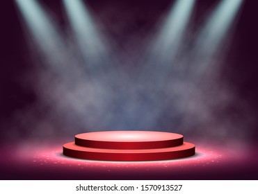 Red podium with smoke on dark background. Empty pedestal for award ceremony. Platform illuminated by spotlights. Vector illustration.