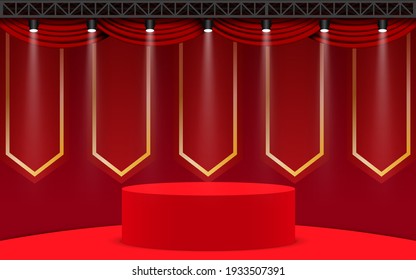 red podium with spotlight in the red room