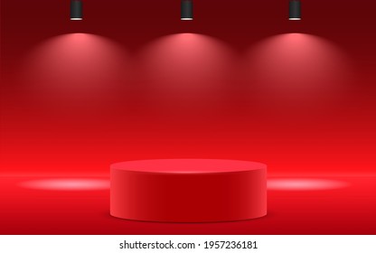 red podium with spotlight in the red room