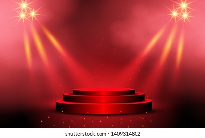 red podium and spotlight with smoke on the studio room