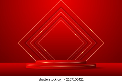 Red podium with red squares and elegant gold lines on the back for product presentation. Cosmetic product display. vector illustration	